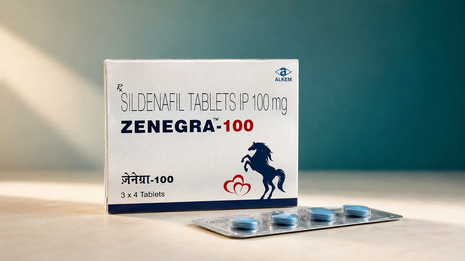 Zenegra 100 mg carton and blister in a warm studio composition