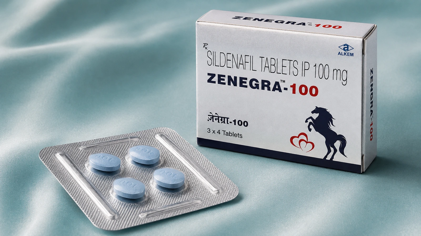 Zenegra 100 mg package and blue tablets in a sealed blister