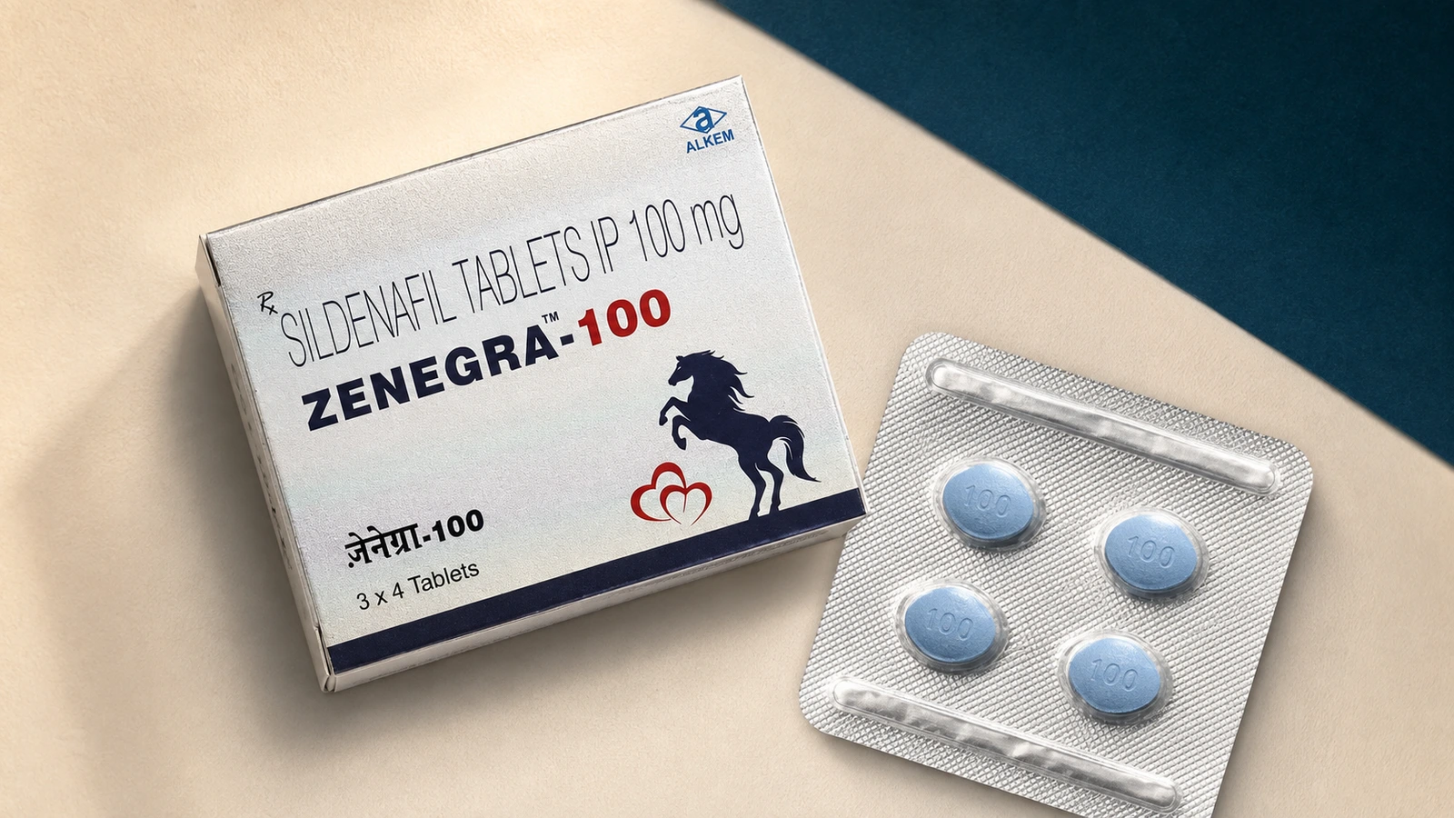 Zenegra 100 mg carton and blister viewed from above