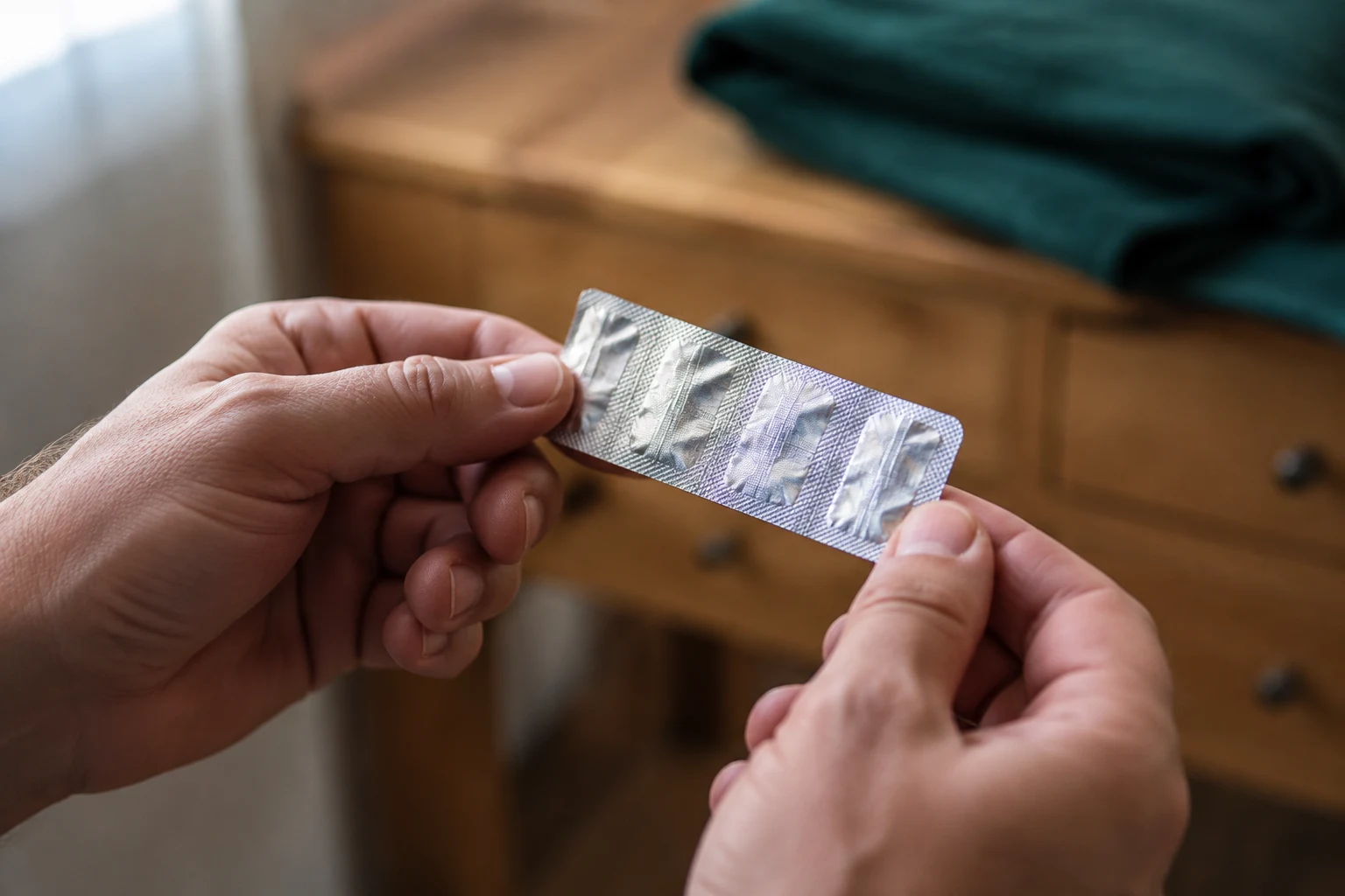 Hands examining a sealed medicine blister