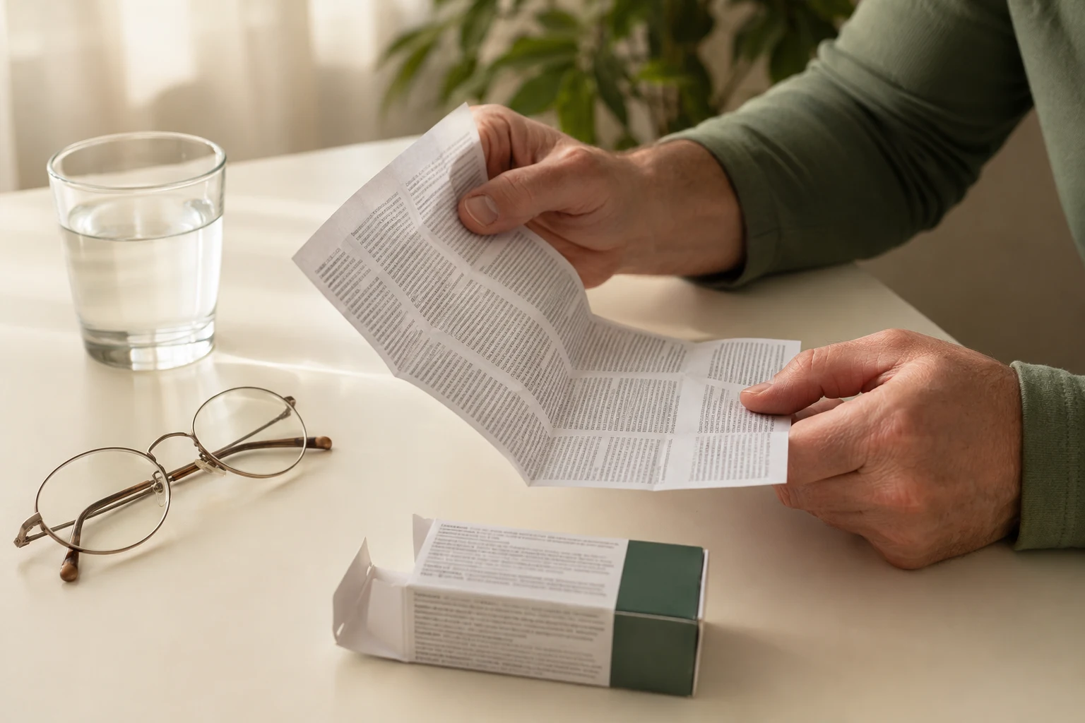 Man reading a medicine leaflet beside a glass of water