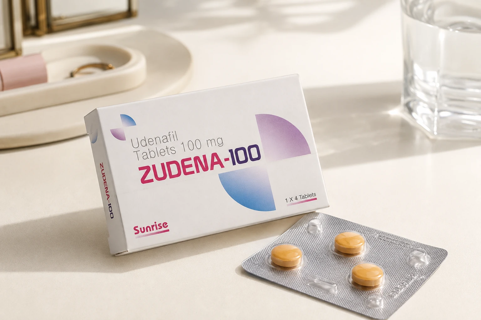 Zudena-100 carton and blister beside a water glass