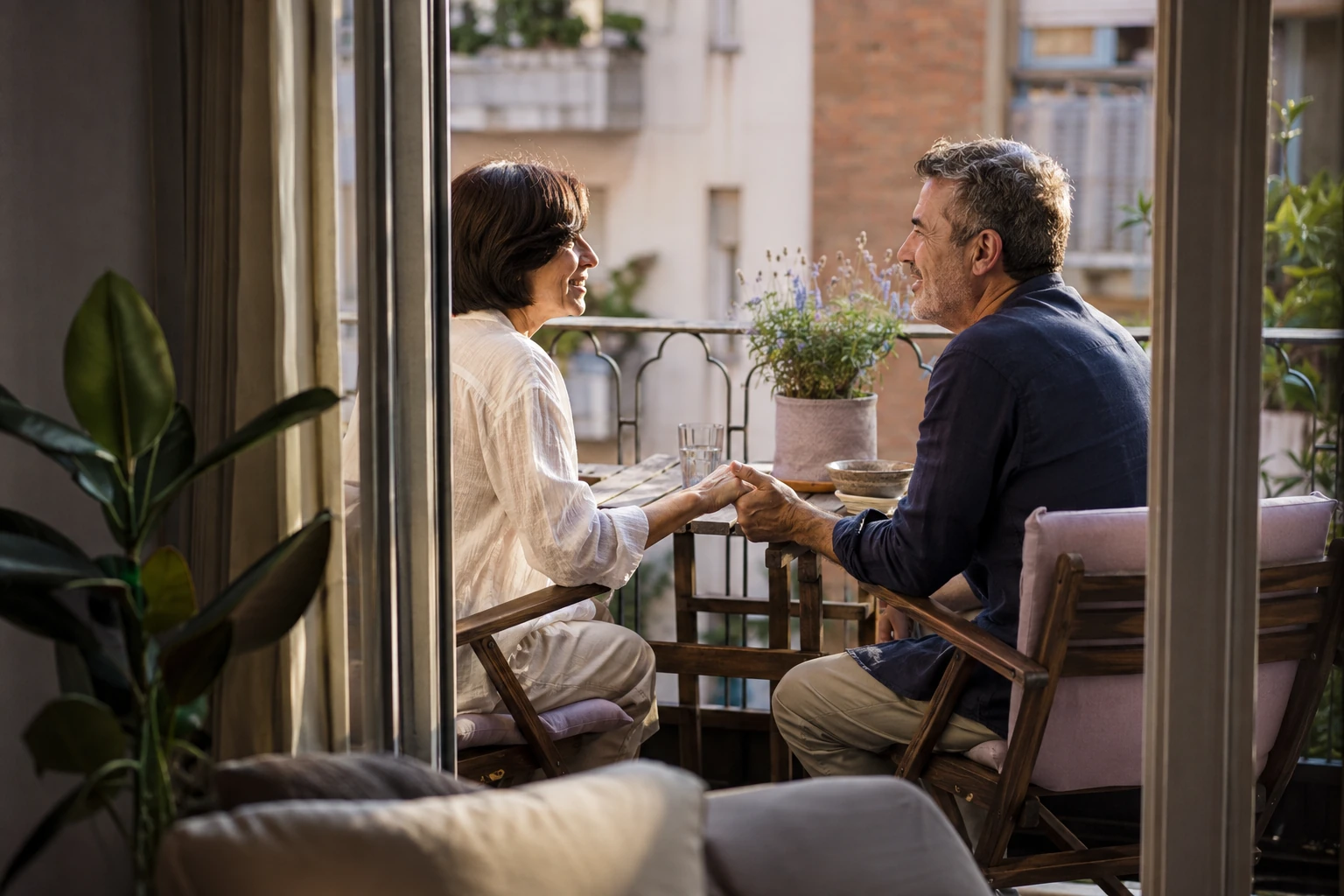 A couple sharing a relaxed conversation on a sunlit balcony