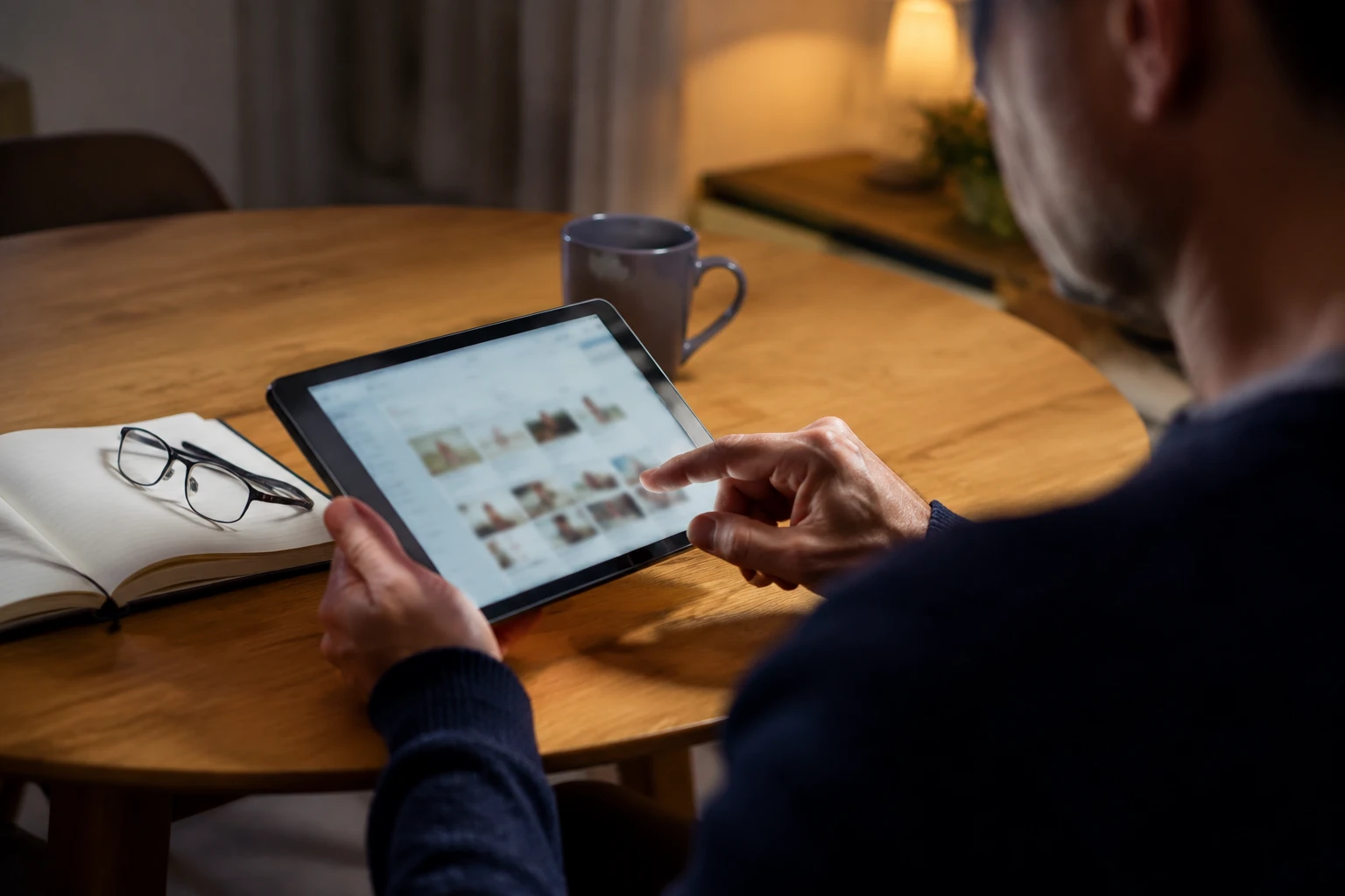 A man comparing an online purchase on a tablet at home